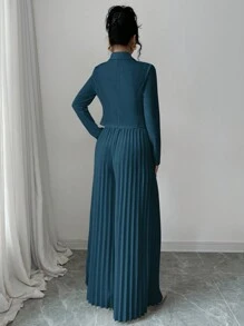 Elenzga 褶皱双排扣长袖优雅浪漫办公室女士套装 - 水鴨藍 - 查看 2