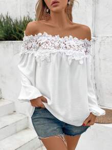 Breezaya 女士度假休闲纯色蕾丝拼接露肩衬衫