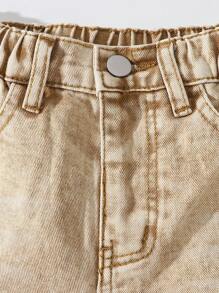 SHEIN Tween Girl' Front Button Pocket Distressed Casual Denim Jeans - Khaki - View 4