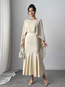 Chiquease 2 件套女士纯杏色优雅飘逸披肩套装 - 杏色 - 查看 6