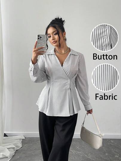 Elenzga 大码女式简约条纹翻领收腰 A 字形长袖衬衫上衣