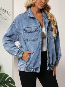 EMERY ROSE Women's Front Zip Up Long Sleeve Pocket Casual Denim Jacket - Blue - View 4