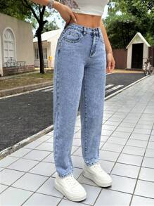 SHEIN PETITE 娇小款女士休闲修身锥形七分牛仔裤，蓝色低腰宽松牛仔裤，喇叭裤型女式牛仔裤，娇小款女式牛仔裤，秋季女装 - 淺色水洗藍 - 查看 5