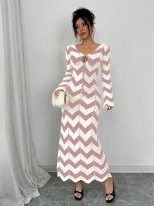 Chiquease Robe pull à lacets rayée pour femmes, décontractée et à la mode pour une utilisation quotidienne - Rose bonbon - Voir 6