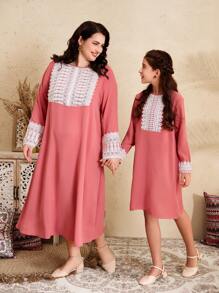SHEIN Girls Watermelon Pink Ruffle Trim Round Neck Long Comfortable Casual Dress, Mommy And Me Matching Outfits (2 Pieces Sold Separately) - Watermelon Pink - View 4