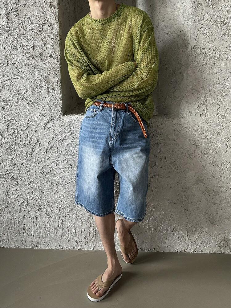 Men's Plain Green Textural Fabric T-Shirt, Summer Long Sleeve Men Shirt, Fall