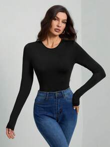 SHEIN Tall Body de manga larga de unicolor negro de corte ajustado - Negro - Ver 4