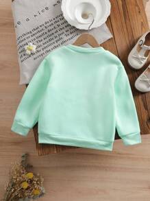 Young Girls 3D Floral Decor Solid Green Long Sleeve Round Neck Casual Sweatshirt, Elegant Versatile For Everyday Wear, Spring Autumn - Green - View 2