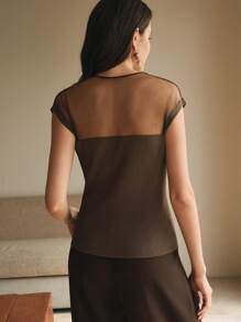 Anewsta 女士半高领修身短袖网眼拼接针织T恤，春夏款 - 咖啡棕 - 查看 6