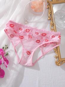 SpicyHot Valentine's Day Lip Embroidery, Heart, Bowknot, Crotchless Sexy Women Panties