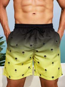 Manfinity Swimmode Shorts de playa con bolsillos y cordón en la cintura con estampado de palmeras (corte y costura), estilo hawaiano para hombres - Amarillo - Ver 4