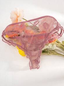 PetitDoll 2 件蕾丝唇形设计无缝网眼三角杯丁字裤套装（内衣套装） - 西瓜粉 - 查看 5