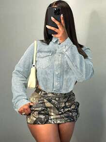 Flap Pocket Curved Hem Denim Jacket - Light Wash - View 1