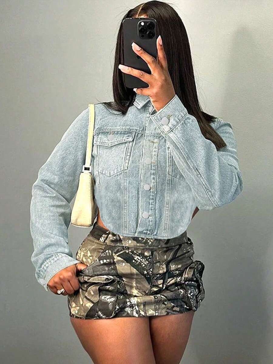 Flap Pocket Curved Hem Denim Jacket - Light Wash - View 1