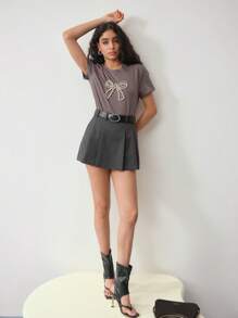 MOTF STUDIO 条纹斜口袋褶裥短裙 - 深灰色 - 查看 8