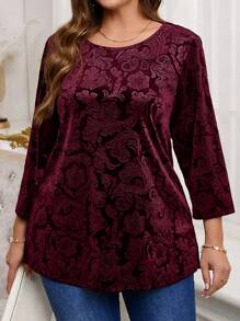 EMERY ROSE Camiseta de terciopelo con relieve de unicolor elegante para mujer de talla grande, ropa de invierno para mujer