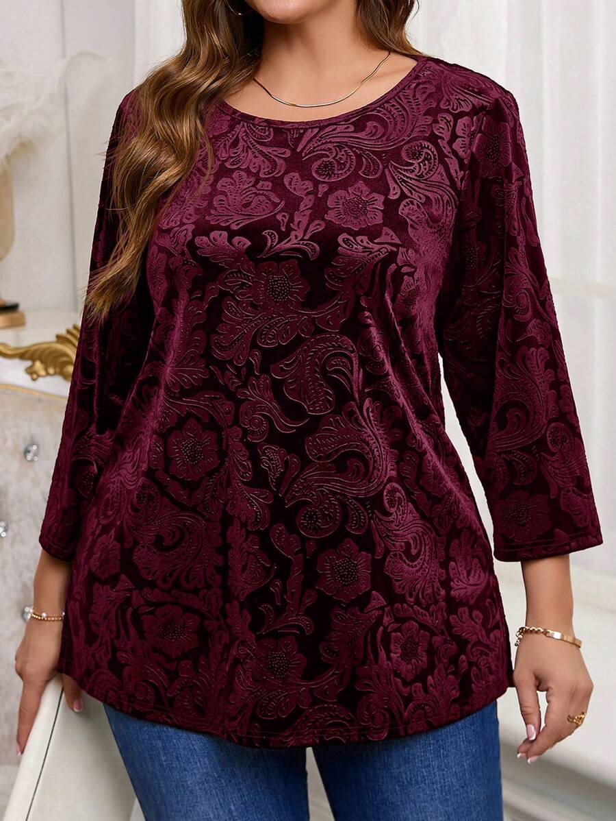 EMERY ROSE Camiseta de terciopelo con relieve de unicolor elegante para mujer de talla grande, ropa de invierno para mujer