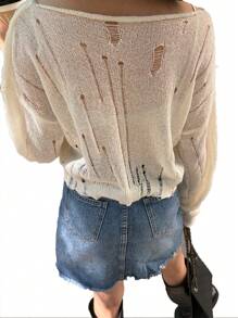 Chiquease Women's Casual Solid Color Short Hollowed-Out Knit Sweater