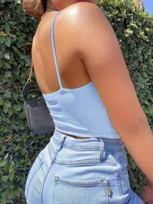 SHEIN EZwear Women Solid Color Front Tie Ruffle Sexy Camisole - Blue - View 5