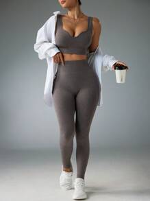 Dewbera 无缝高弹力运动健身胸罩和紧身裤套装女士健身套装女士紧身裤套装 - 咖啡棕 - 查看 3