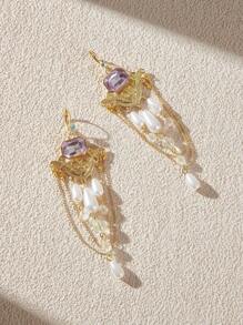 SHEIN Belle Crystal Rhinestone Pearl Beaded Tassel Drop Earrings