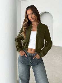 Siren Gaze Zipper Detail Solid Bomber Jacket In Fall/Winter Green Green - Army Green - View 3