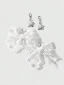 ROMWE Kawaii 4 sztuki/zestaw Elegancki minimalistyczny wszechstronny bardzo atrakcyjny biały siateczkowy haftowany koronkowy kokardka dekoracja CCB Star klipsy do butów kombinacja akcesoriów, odpowiedni dla kobiet i dziewcząt, prezent świąteczny