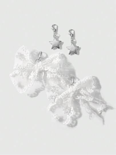 Kawaii 4 pièces/set Boucles de chaussures combinées décoratives avec nœud, en dentelle brodée maille blanche minimaliste et polyvalente, très attrayante. Convient pour les femmes et les filles, idéal comme cadeau de fête