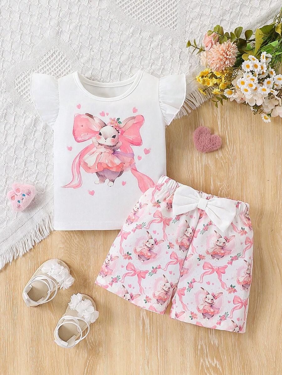 Vintaside Kids Baby Girl Cute Bee Print Cap Sleeve Outfit, Comfortable For Outdoor Play In Summer - Multicolor - View 1