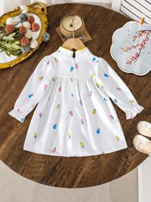 SHEIN Baby Girls' Fresh & Sweet Floral Pattern White Jacquard Sateen Stand Collar A-Line Puff Sleeve Dress With Hidden Zipper, Classic Chinese Style For Spring/Summer