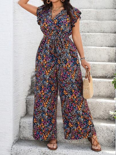 SHEIN Clasi Plus Size Women V-Neck Ruched Ditsy Floral Flounced Jumpsuit, Cooling Dress, Stress Relief Outfit, Elegant Fashion Women Lounge Dress, Summer Outfits For Women, St. Patrick's Day, Rave Outfits, Festival, Spring Break, Boho