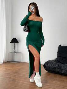 INAWLY Vestido largo de un solo color sexy con hombros descubiertos y abertura alta - Verde Oscuro - Ver 5