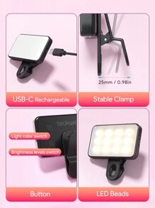 Teckwe 手機自拍補光燈 LED 便攜式自拍燈 視訊會議燈 可充電 手機補光燈 3 種燈光模式 適用於手機、iPad、相機、筆電、化妝 - 黑色 - 查看 6