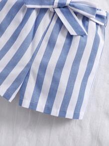 SHEIN 夏季女宝宝可爱卡通图案上衣和条纹短裤套装 - 白色 - 查看 7