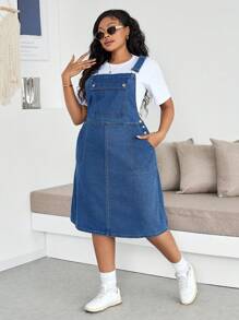 SHEIN Essnce 大码牛仔连身裙，休闲及膝连身裙，海军蓝