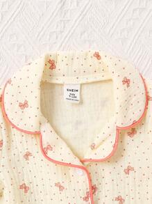 2 pièces/Set Tenue décontractée d'été pour bébé fille, short à manches courtes et nœud imprimé en seersucker rose