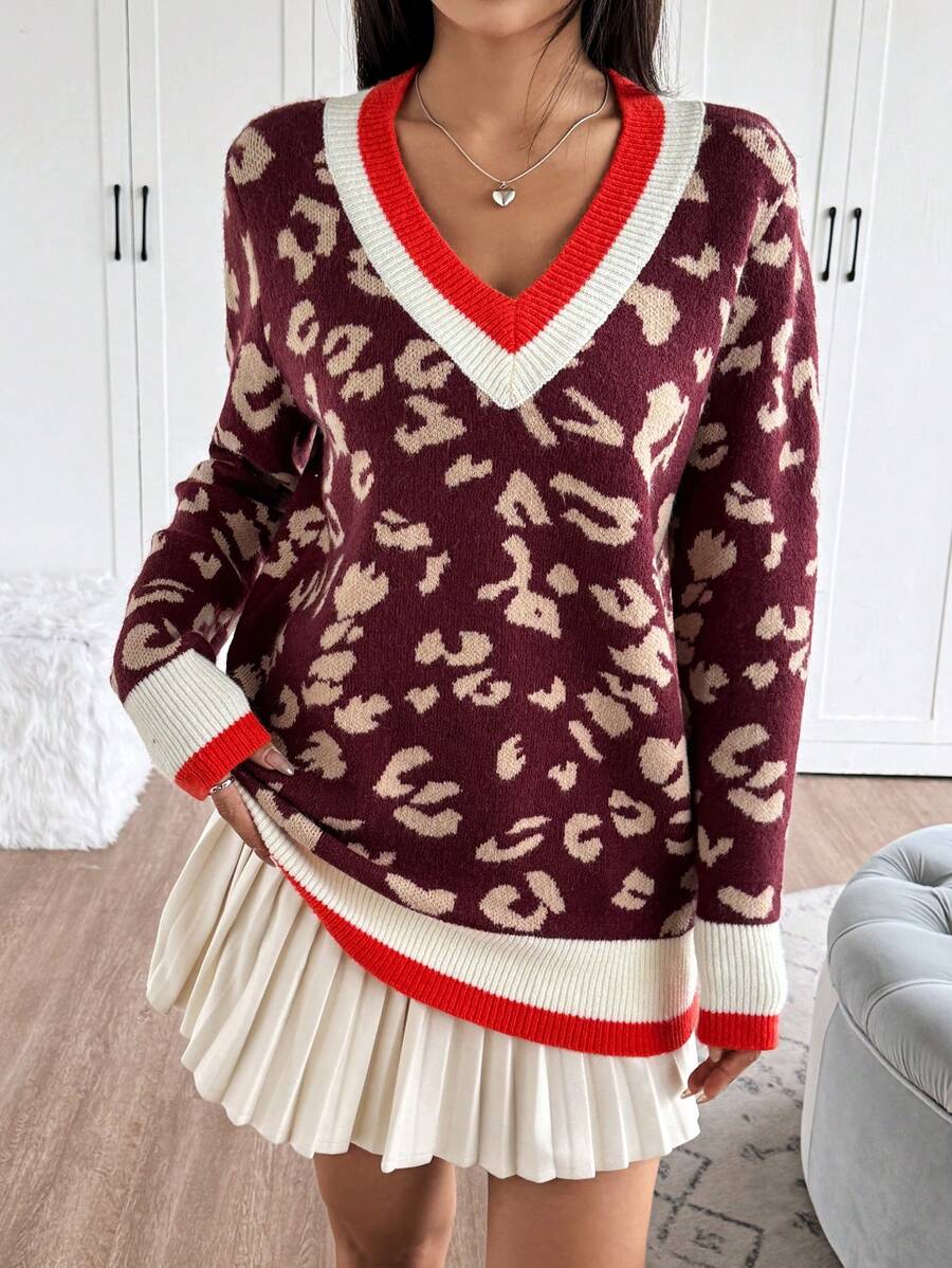 Chiquease Women's Striped V-Neck Leopard Print Long Sleeve Sweater, Autumn/Winter Knit Pullover Fall Sweater - Burgundy - View 1