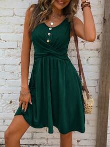 SHEIN LUNE Twist Front Button Detail Dress Vacation Beach Outfits Women