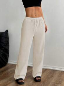 Flirla Petite 女士纯色休闲裤，简约时尚，适合日常穿着 - 杏色 - 查看 4