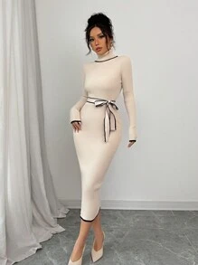 Selianne Váy len dệt kim cổ lọ bó sát thanh lịch dành cho nữ có chi tiết nơ - Màu be - Xem 4