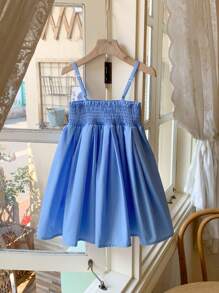 SHEIN Young Girls' French Elegant Blue Crochet Floral Slip Dress, Spring/Summer - Blue - View 2