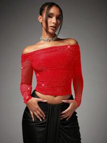 SHEIN BAE Women's Glitter Off Shoulder Fitted Cropped T-Shirt - Red - View 1