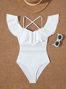 SHEIN Swim 1 pieza Traje de baño de una sola pieza de tiras delgadas y ajustado, de color liso y casual para mujer, de verano