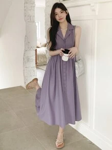 DAZY 女士纯色翻领单排扣无袖休闲中长连衣裙夏季吊带裙，返校季服装鸡尾酒裙 - 淡紫色 - 查看 1