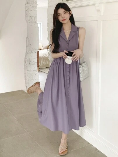 DAZY 女士纯色翻领单排扣无袖休闲中长连衣裙夏季太阳裙，返校服