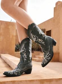 Styleloop Women's Floral Embroidered Minimalist Western Cowboy Boots, Casual For Daily Wear For Christmas And New Year Holiday Vibe Fall And Winter - Dark Green - View 10