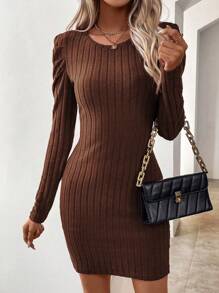 SHEIN Clasi Women Casual Solid Color Bishop Sleeve Fitted Dress