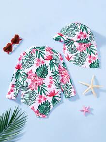 SHEIN Baby Girls Tropical Plant Print Long Sleeve Romper With Hat Swimsuit Set, Summer Resort