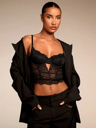 SHEIN BAE 女士黑色性感蕾丝百搭时尚单品紧身胸衣性感吊带背心，适合外出、约会之夜、主题派对、音乐会、新年前夜、圣诞派对女士上衣