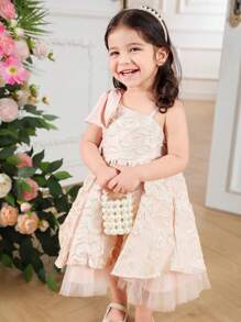 Robe mini simple pour bébé fille avec fermeture éclair au dos et décorations en nœud - Rose bonbon - Voir 3